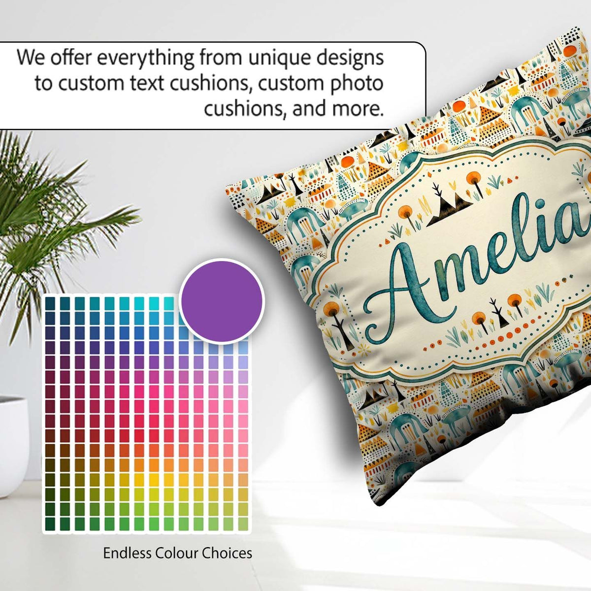 Custom Name Whimsical Tribal Village Houses Landscape Seamless Square Filled Cushion Throw Pillow Sofa Bed Home Decor Zip Washable UK Made