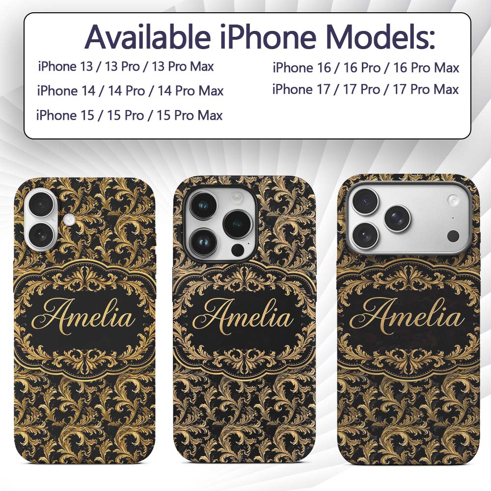 Gold Black Baroque Scroll Seamless Printed Design Custom Name Protective Phone Case Mobile Cover Durable Everyday Smartphone Shock Resistant