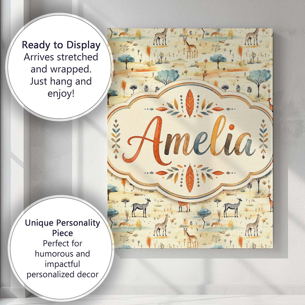 Personalised Name Safari Animals Giraffe Custom  Unique Gift Idea Elegant Feature Canvas Wall Art Print Decor Picture Ready to Hang
