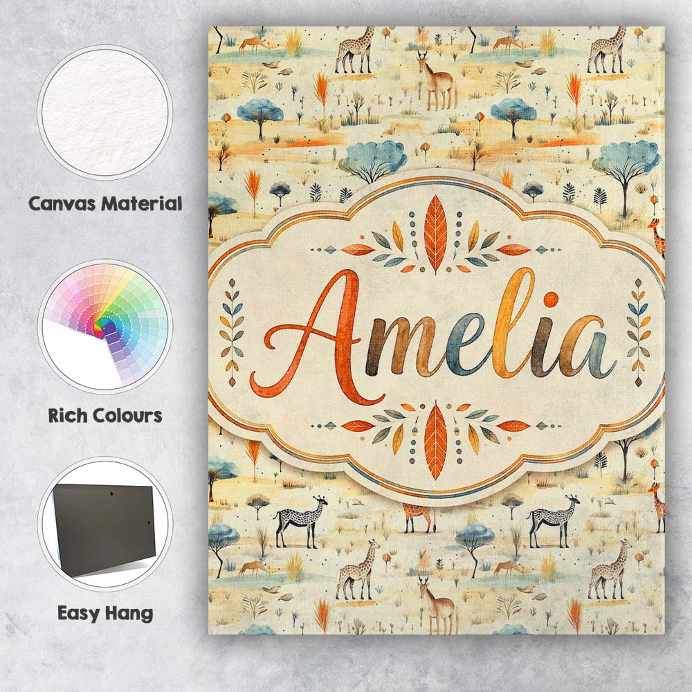 Personalised Name Safari Animals Giraffe Custom  Unique Gift Idea Elegant Feature Canvas Wall Art Print Decor Picture Ready to Hang