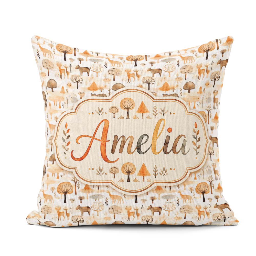 Custom Name Neutral Woodland Animals Minimal Seamless Pattern Square Filled Cushion Throw Pillow Sofa Bed Home Decor Zip Washable UK Made