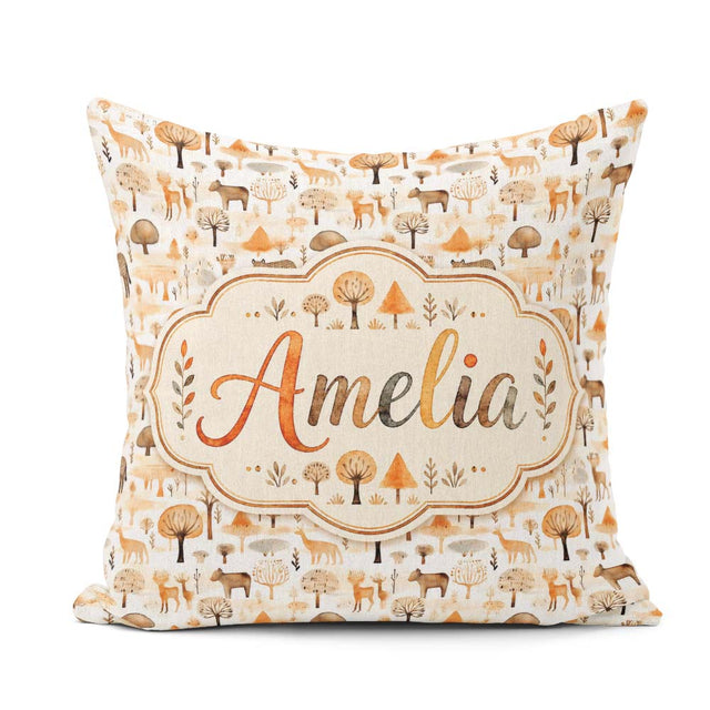 Custom Name Neutral Woodland Animals Minimal Seamless Pattern Square Filled Cushion Throw Pillow Sofa Bed Home Decor Zip Washable UK Made