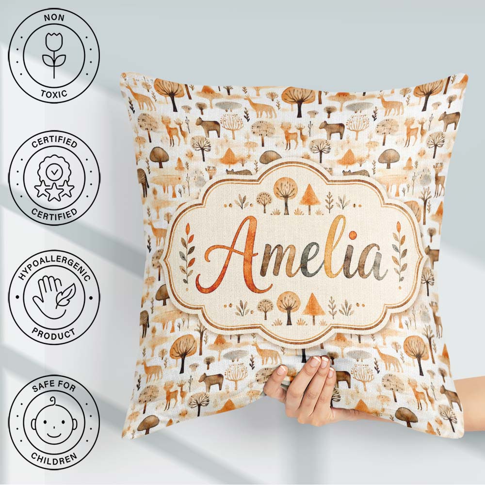 Custom Name Neutral Woodland Animals Minimal Seamless Pattern Square Filled Cushion Throw Pillow Sofa Bed Home Decor Zip Washable UK Made