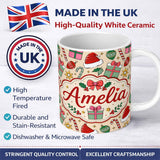 Personalized Custom Name Cute Christmas Gifts Candy Canes Baubles Santa Hat Festive Seamless 11oz Ceramic Coffee Tea Mug White Large Handle