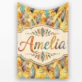 Elegant Feather Leaves Boho Earth Tones Seamless Pattern Design  Personalised Custom Name Super Soft Fleece Blanket Bed Sofa Throw