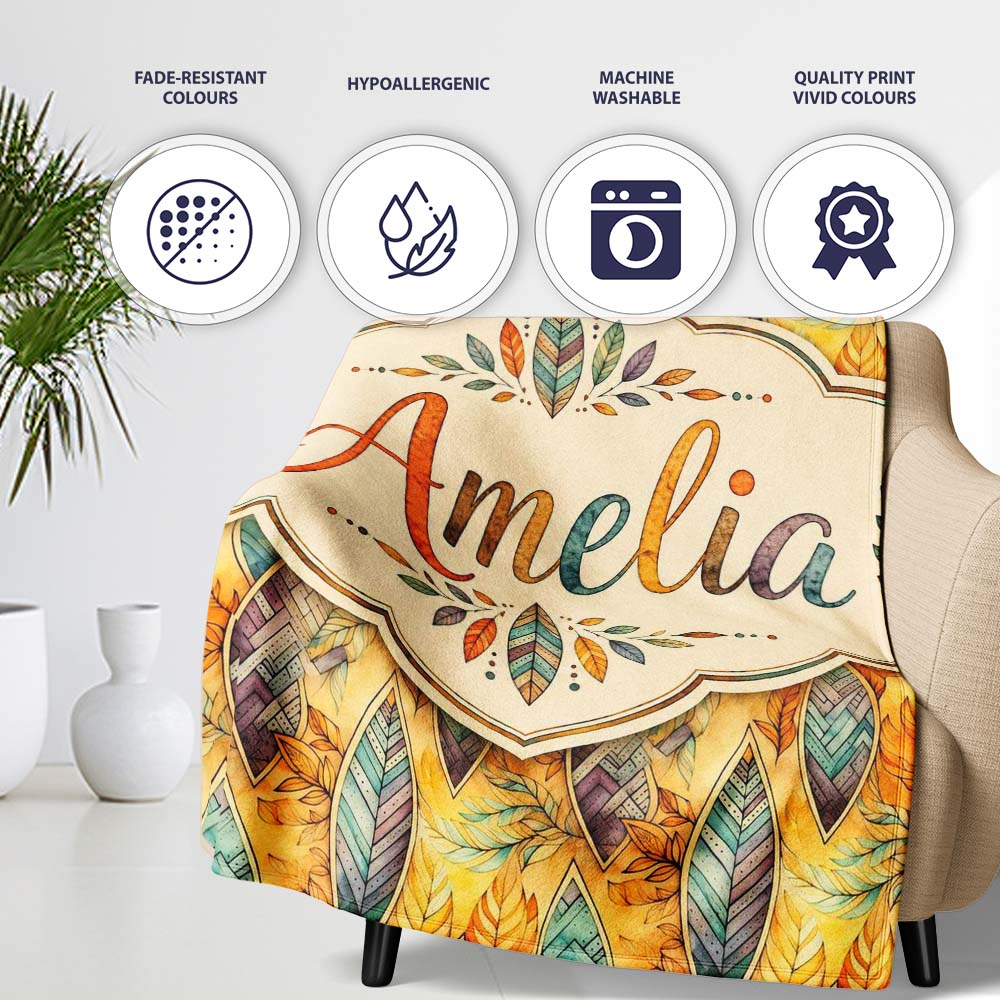 Elegant Feather Leaves Boho Earth Tones Seamless Pattern Design  Personalised Custom Name Super Soft Fleece Blanket Bed Sofa Throw