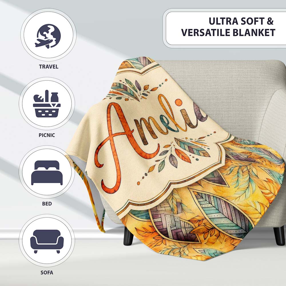 Elegant Feather Leaves Boho Earth Tones Seamless Pattern Design  Personalised Custom Name Super Soft Fleece Blanket Bed Sofa Throw