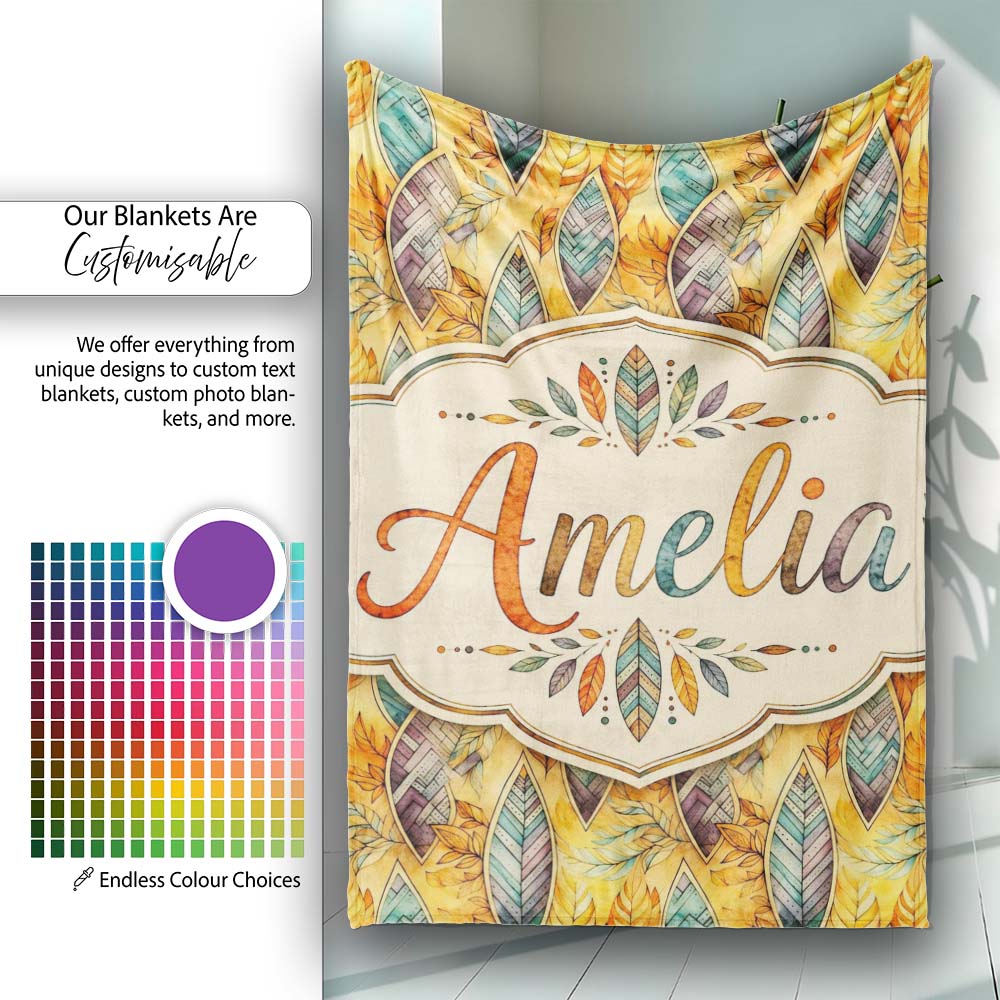Elegant Feather Leaves Boho Earth Tones Seamless Pattern Design  Personalised Custom Name Super Soft Fleece Blanket Bed Sofa Throw