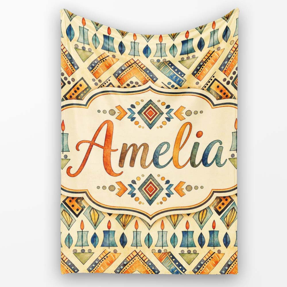 Geometric Tribal Candle Motif Ethnic Pattern Seamless Pattern Design  Personalised Custom Name Super Soft Fleece Blanket Bed Sofa Throw