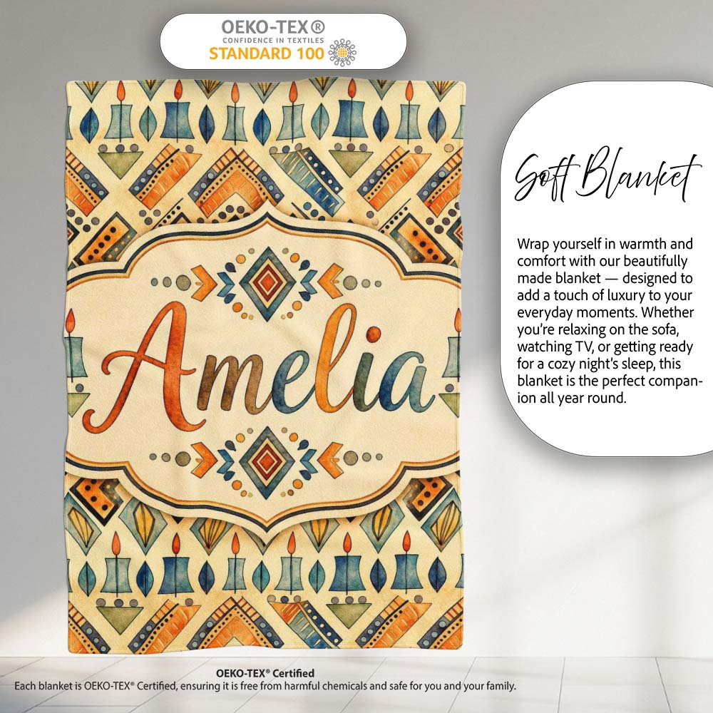 Geometric Tribal Candle Motif Ethnic Pattern Seamless Pattern Design  Personalised Custom Name Super Soft Fleece Blanket Bed Sofa Throw