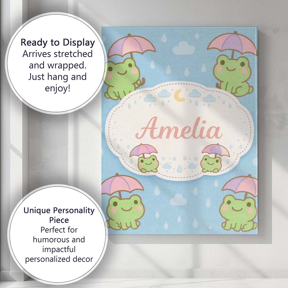Personalised Name Cute Frog Umbrella Rain Cartoon Animal Pattern Custom  Interior Canvas Wall Art Print Decor Picture Ready to Hang