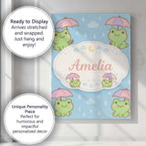 Personalised Name Cute Frog Umbrella Rain Cartoon Animal Pattern Custom  Interior Canvas Wall Art Print Decor Picture Ready to Hang
