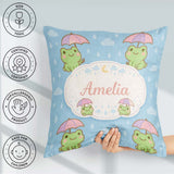 Custom Name Frog Umbrella Rain Cartoon Animal Pattern Everyday Square Filled Cushion Throw Pillow Sofa Bed Home Decor Zip Washable UK Made