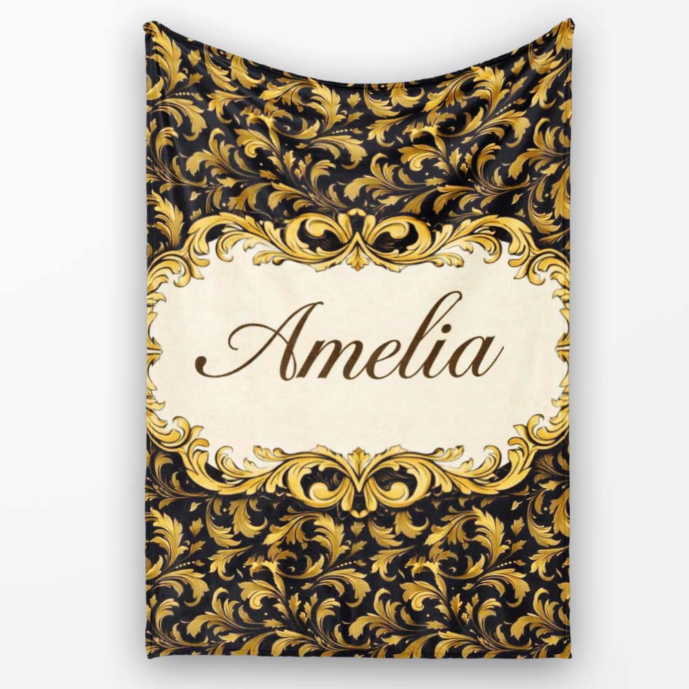 Golden Ornamental Baroque Seamless Classic Luxury Vintage Textile  Personalised Custom Name Super Soft Fleece Blanket Bed Sofa Throw