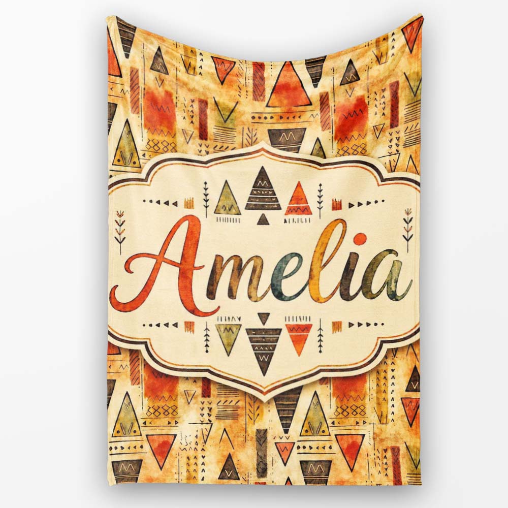 Abstract Tribal Triangle Shapes Warm Earthy Seamless Pattern Design  Personalised Custom Name Super Soft Fleece Blanket Bed Sofa Throw