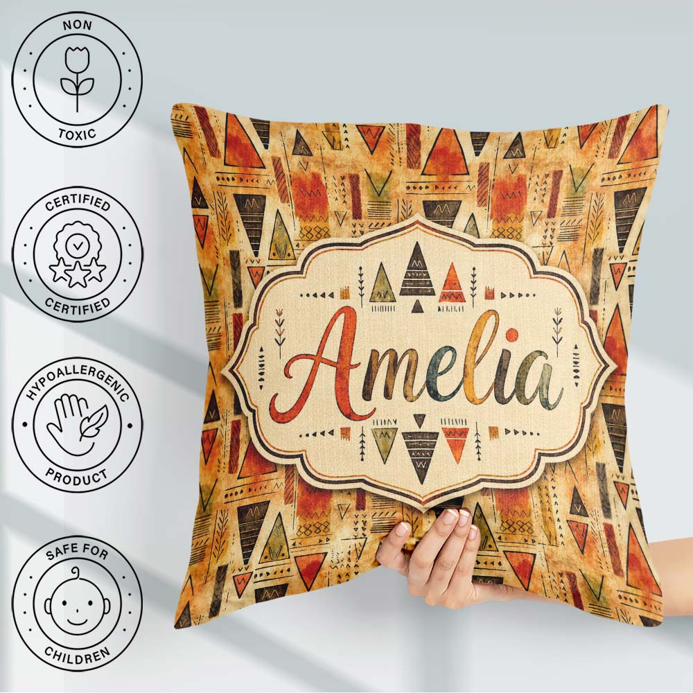 Custom Name Abstract Tribal Triangle Shapes Warm Earthy Seamless Square Filled Cushion Throw Pillow Sofa Bed Home Decor Zip Washable UK Made