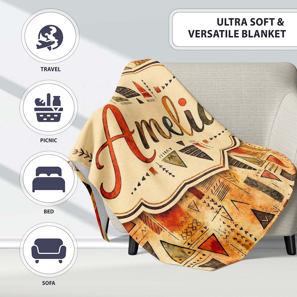 Abstract Tribal Triangle Shapes Warm Earthy Seamless Pattern Design  Personalised Custom Name Super Soft Fleece Blanket Bed Sofa Throw