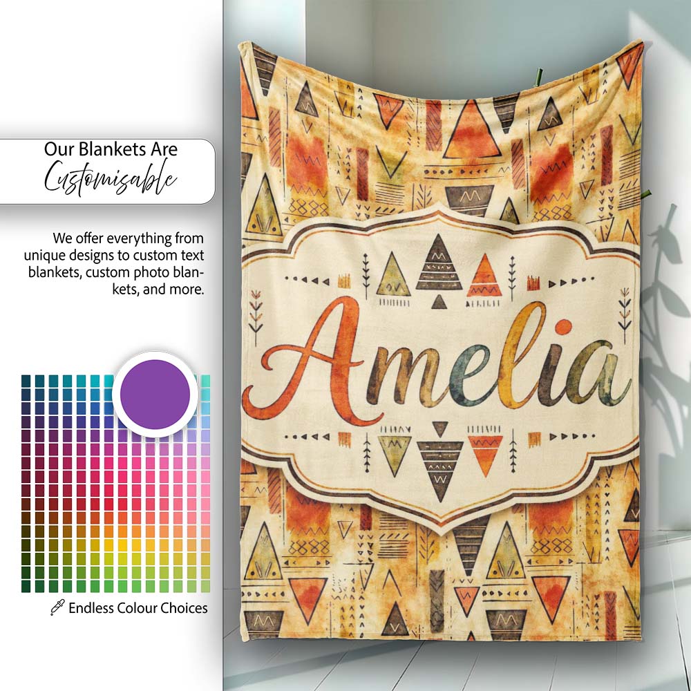 Abstract Tribal Triangle Shapes Warm Earthy Seamless Pattern Design  Personalised Custom Name Super Soft Fleece Blanket Bed Sofa Throw
