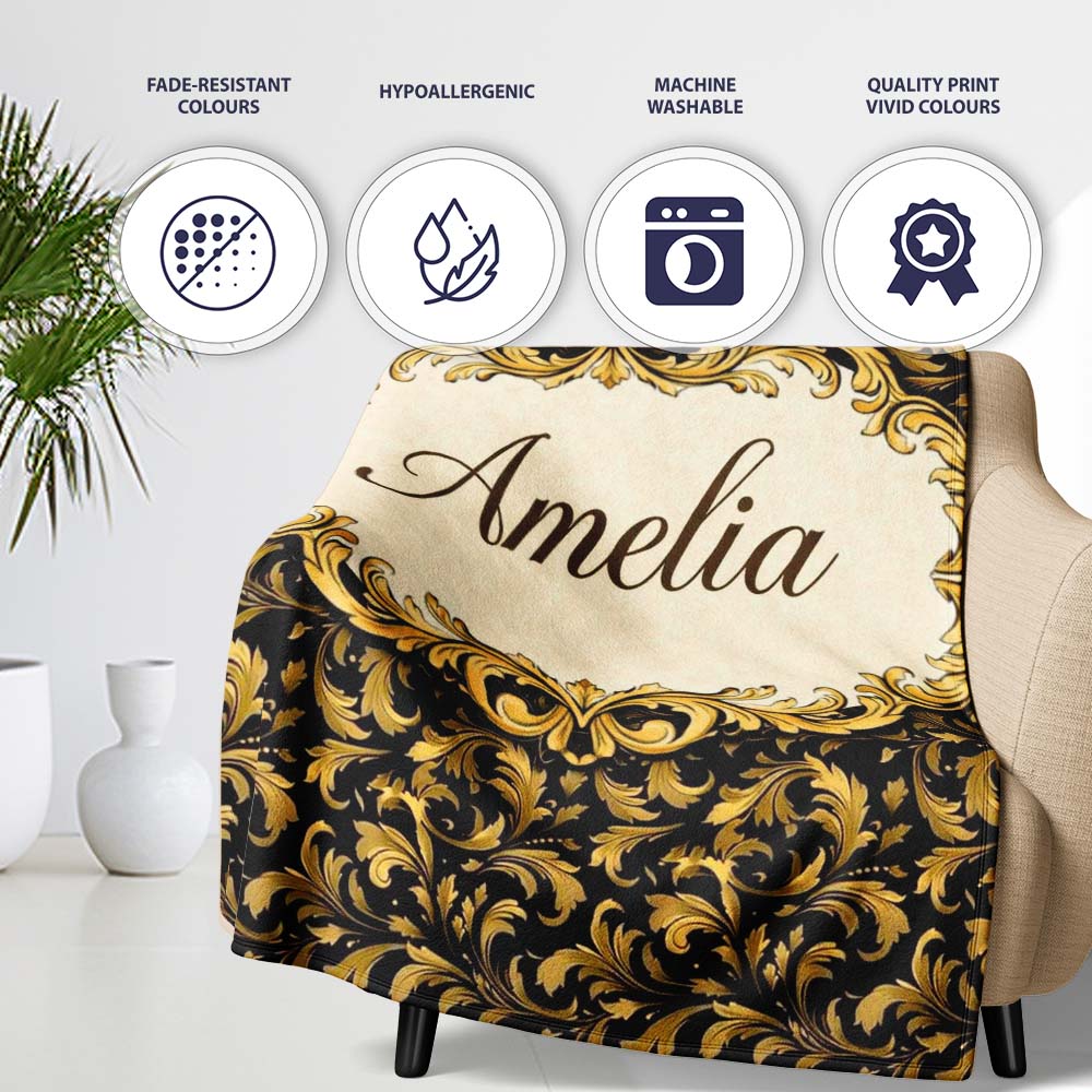 Golden Ornamental Baroque Seamless Classic Luxury Vintage Textile  Personalised Custom Name Super Soft Fleece Blanket Bed Sofa Throw