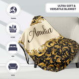 Golden Ornamental Baroque Seamless Classic Luxury Vintage Textile  Personalised Custom Name Super Soft Fleece Blanket Bed Sofa Throw