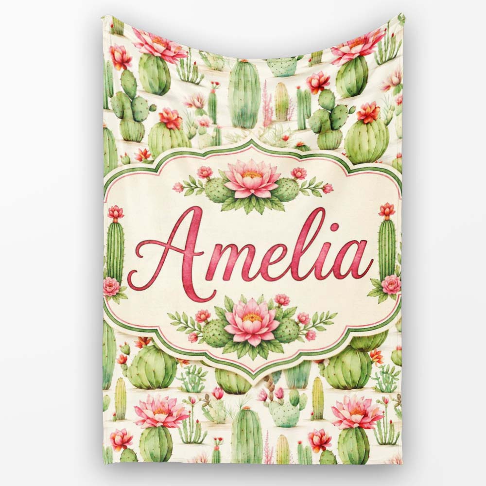 Watercolor Cactus Succulent Garden Soft Pastel Desert Seamless  Personalised Custom Name Super Soft Fleece Blanket Bed Sofa Throw