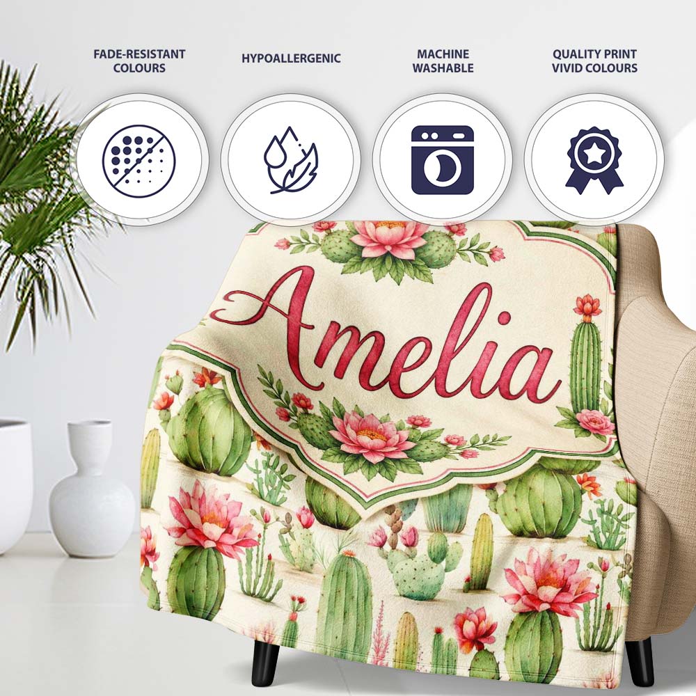 Watercolor Cactus Succulent Garden Soft Pastel Desert Seamless  Personalised Custom Name Super Soft Fleece Blanket Bed Sofa Throw