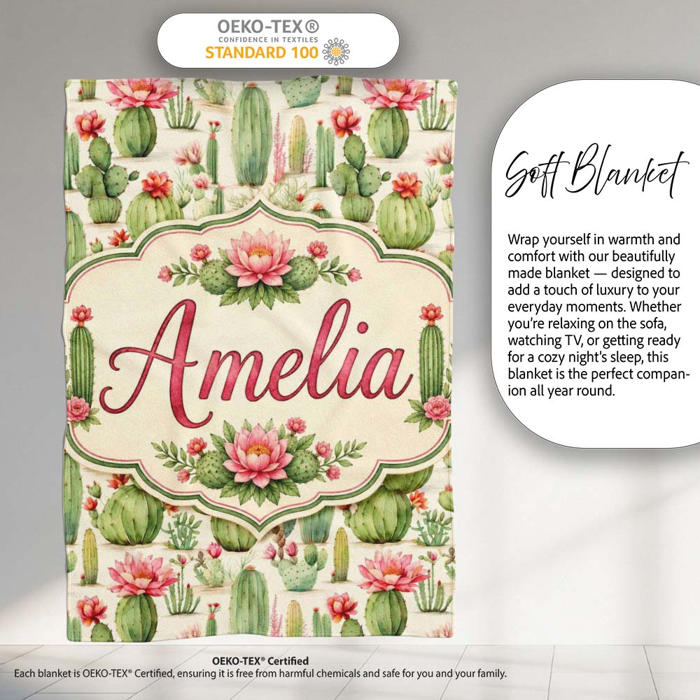 Watercolor Cactus Succulent Garden Soft Pastel Desert Seamless  Personalised Custom Name Super Soft Fleece Blanket Bed Sofa Throw