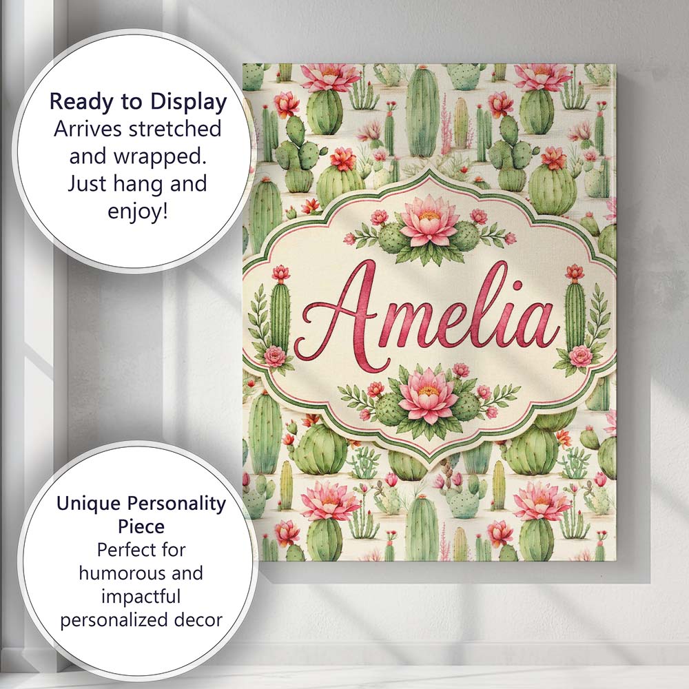 Personalised Name Watercolor Cactus Succulent Custom Unique Gift Idea Modern Room Accent Canvas Wall Art Print Decor Picture Ready to Hang