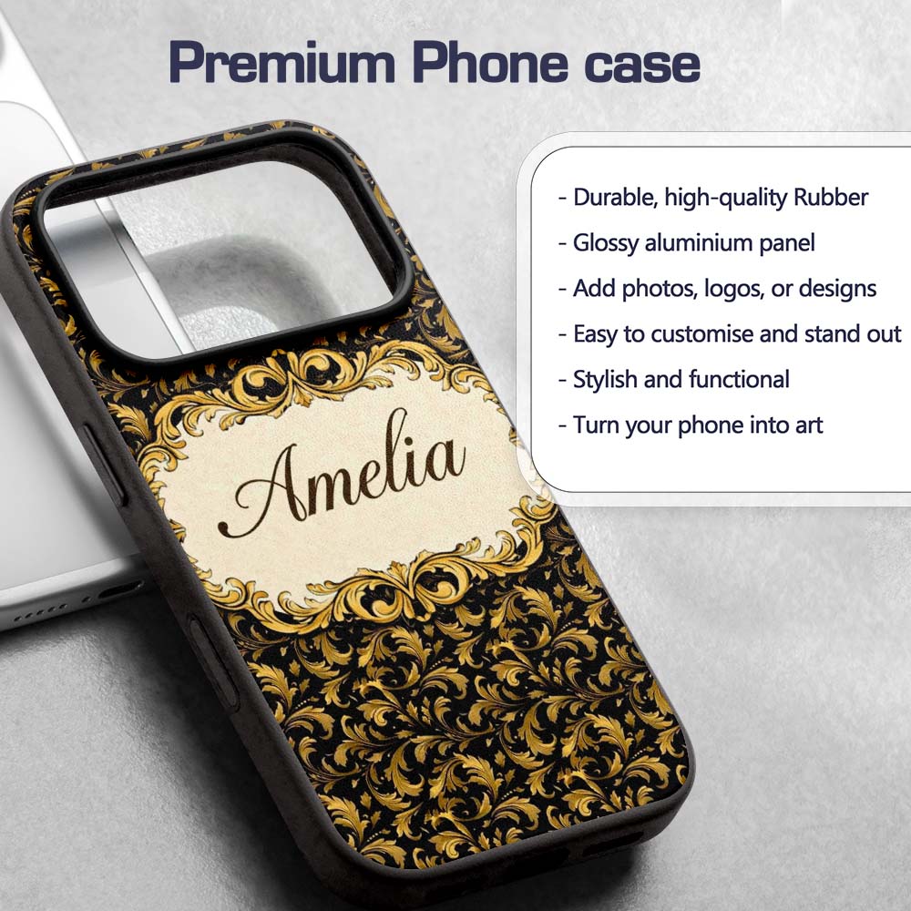 Golden Ornamental Baroque Seamless Classic Luxury Custom Name Protective Phone Case Mobile Cover Durable Everyday Smartphone Shock Resistant