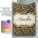 Golden Ornamental Baroque Seamless Classic Luxury Vintage Textile  Personalised Custom Name Super Soft Fleece Blanket Bed Sofa Throw