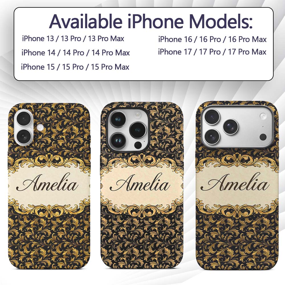 Golden Ornamental Baroque Seamless Classic Luxury Custom Name Protective Phone Case Mobile Cover Durable Everyday Smartphone Shock Resistant