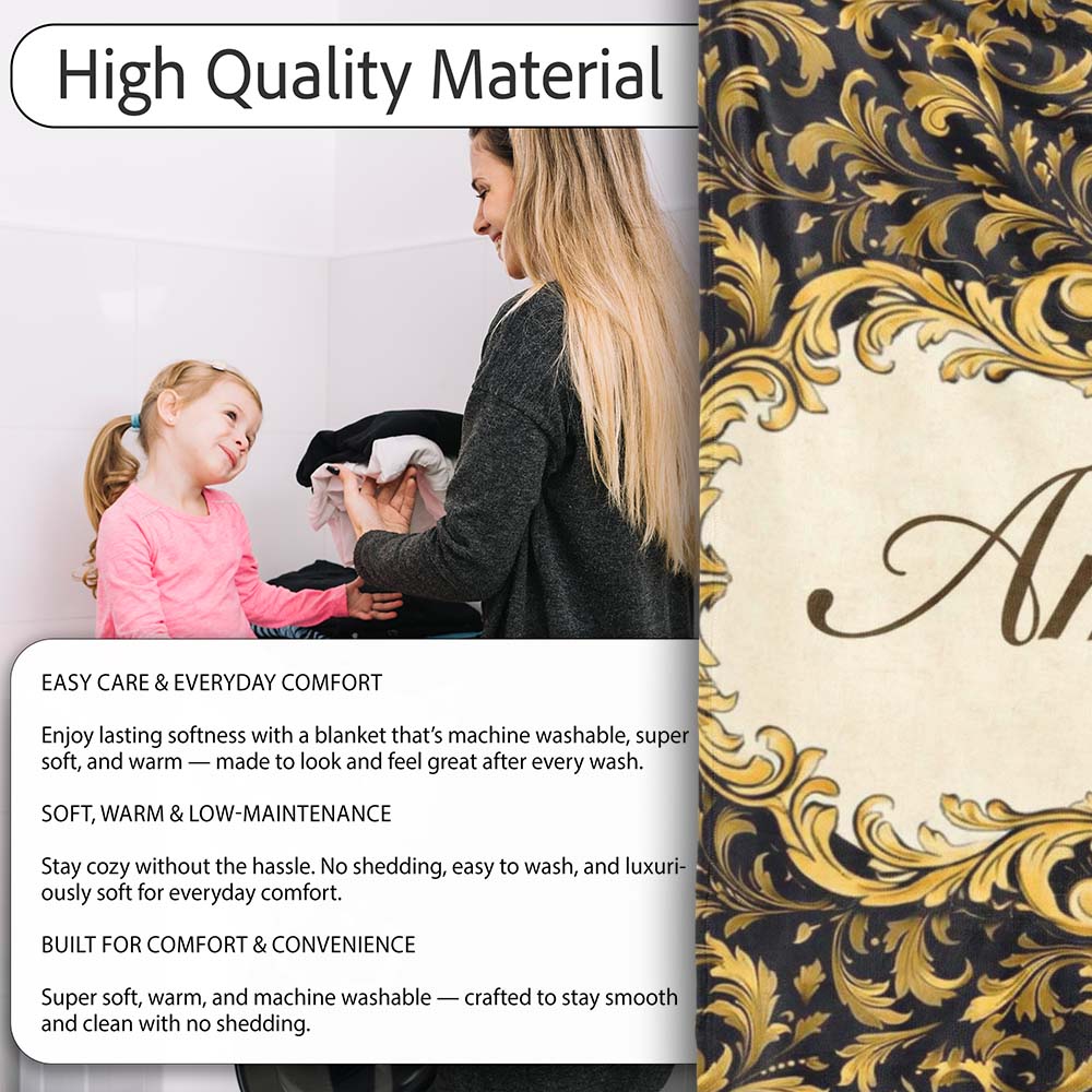 Golden Ornamental Baroque Seamless Classic Luxury Vintage Textile  Personalised Custom Name Super Soft Fleece Blanket Bed Sofa Throw