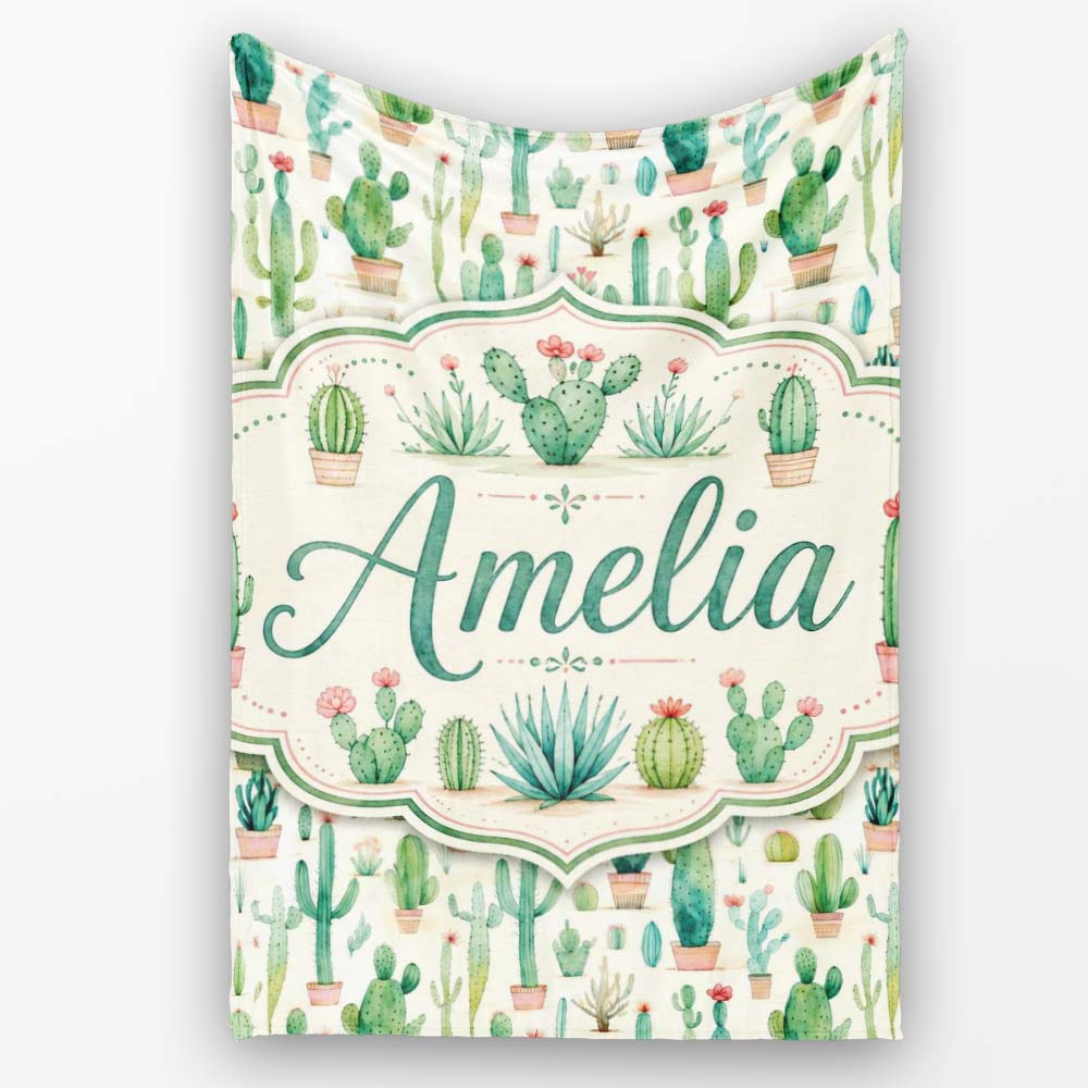 Cute Potted Cactus Succulent Collection Pastel Seamless Pattern  Personalised Custom Name Super Soft Fleece Blanket Bed Sofa Throw