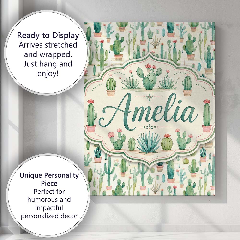 Personalised Name Cute Potted Cactus Custom Premium Decorative Design Modern Room Accent Canvas Wall Art Print Decor Picture Ready to Hang