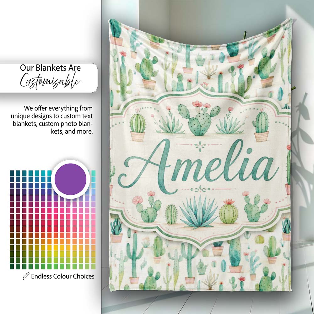 Cute Potted Cactus Succulent Collection Pastel Seamless Pattern  Personalised Custom Name Super Soft Fleece Blanket Bed Sofa Throw