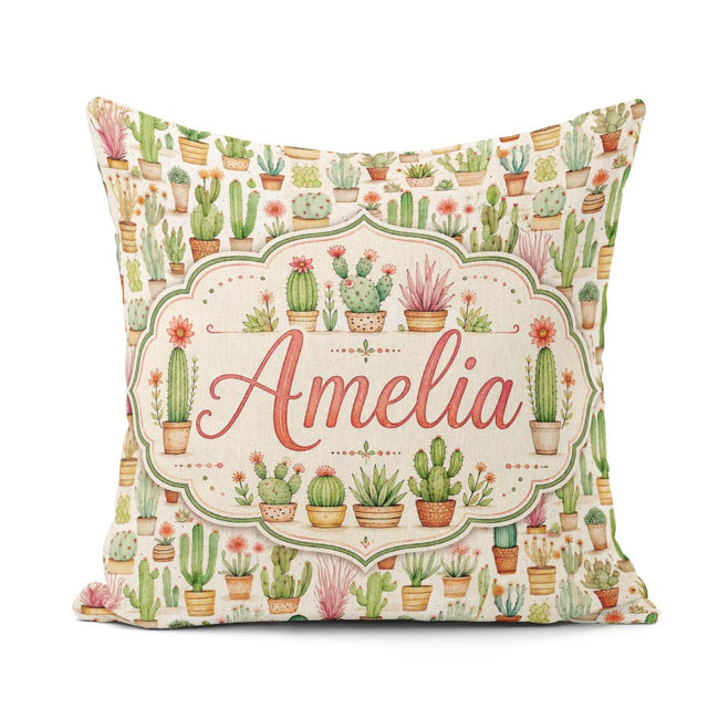 Custom Name Hand Drawn Potted Succulents Cactus Seamless Pattern Square Filled Cushion Throw Pillow Sofa Bed Home Decor Zip Washable UK Made