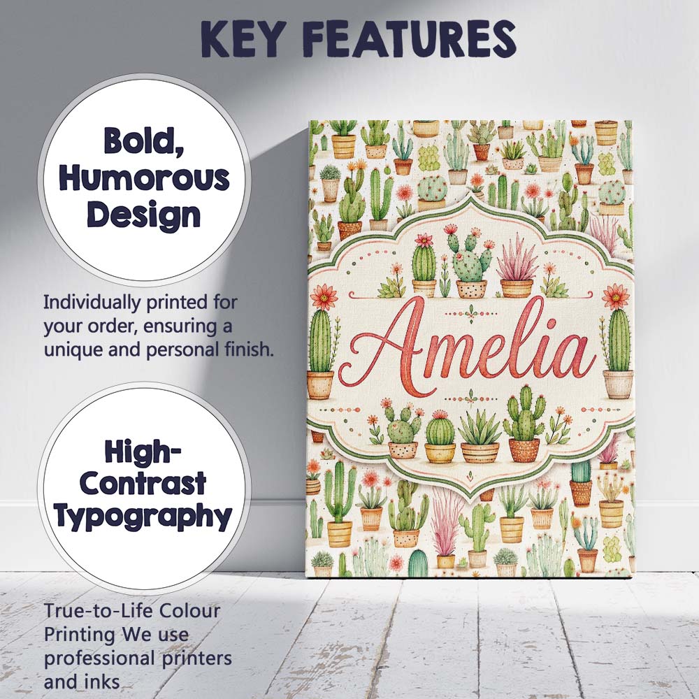 Personalised Name Hand Drawn Potted Succulents Cactus Garden Bespoke  Custom Made Canvas Wall Art Print Decor Picture Ready to Hang