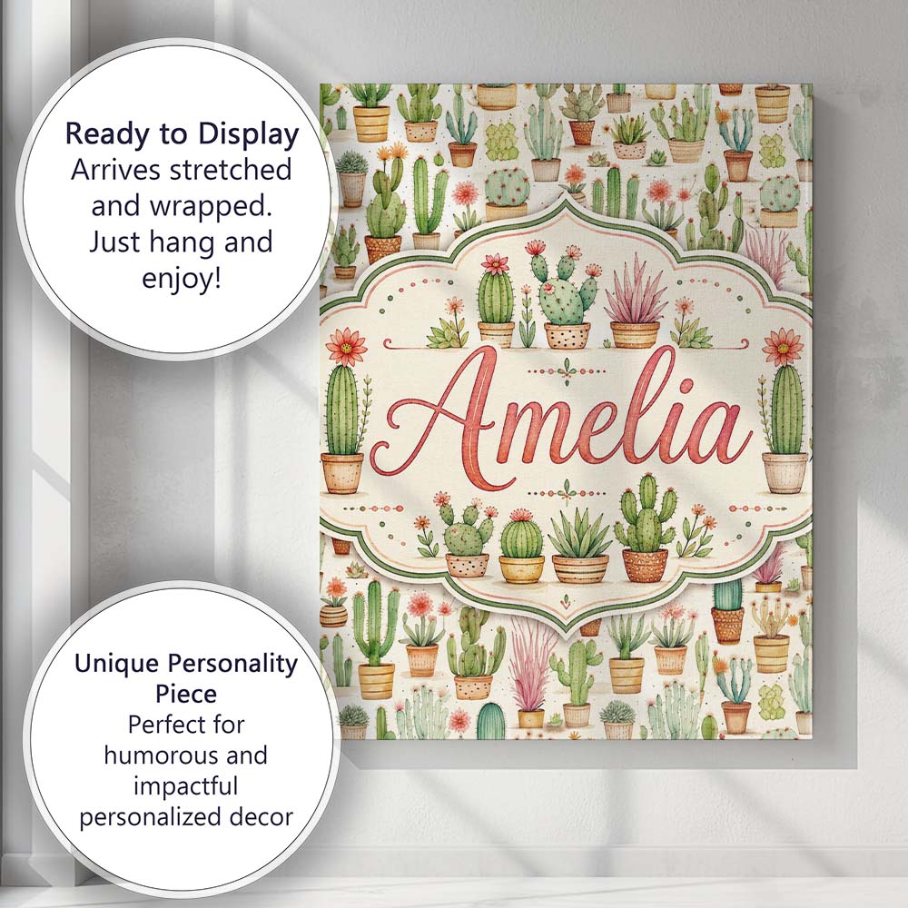 Personalised Name Hand Drawn Potted Succulents Cactus Garden Bespoke  Custom Made Canvas Wall Art Print Decor Picture Ready to Hang