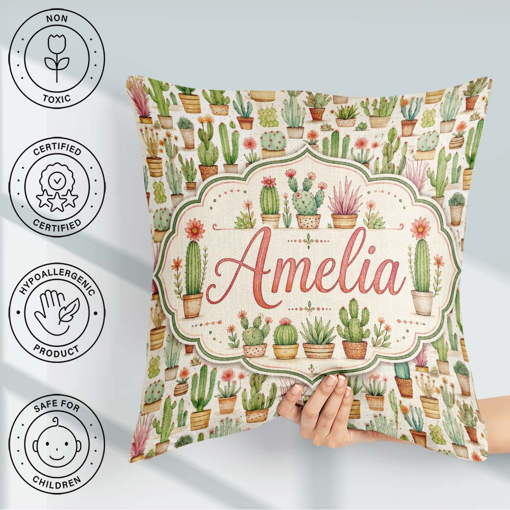 Custom Name Hand Drawn Potted Succulents Cactus Seamless Pattern Square Filled Cushion Throw Pillow Sofa Bed Home Decor Zip Washable UK Made