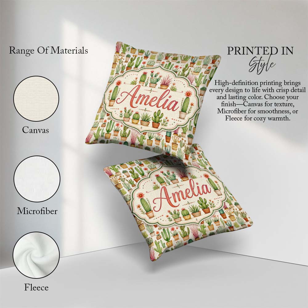 Custom Name Hand Drawn Potted Succulents Cactus Seamless Pattern Square Filled Cushion Throw Pillow Sofa Bed Home Decor Zip Washable UK Made