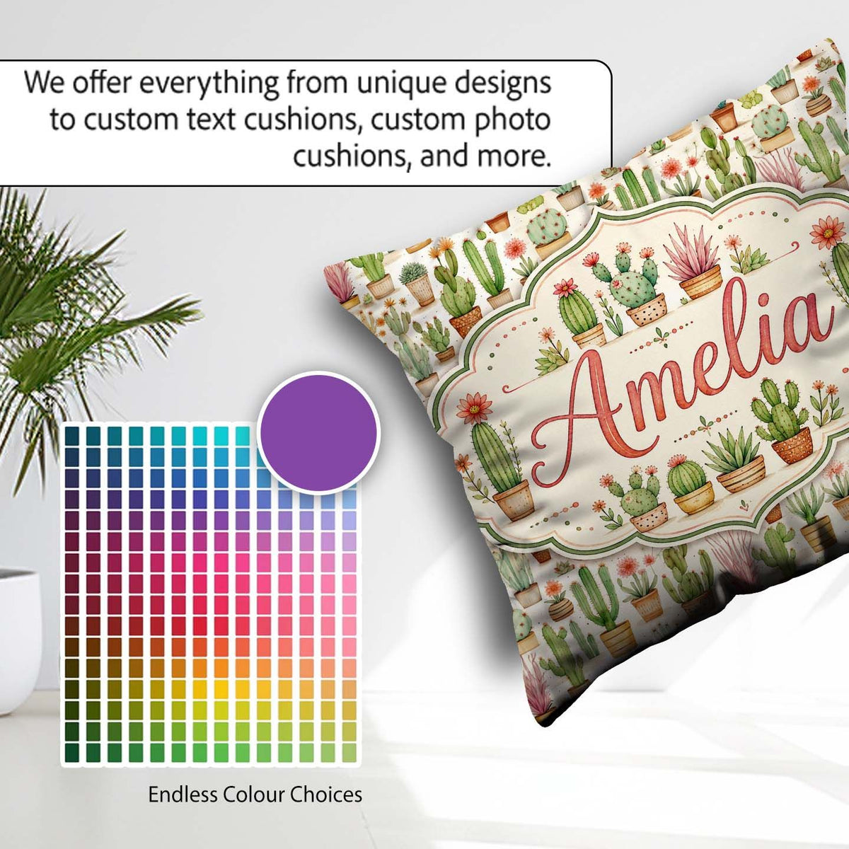 Custom Name Hand Drawn Potted Succulents Cactus Seamless Pattern Square Filled Cushion Throw Pillow Sofa Bed Home Decor Zip Washable UK Made