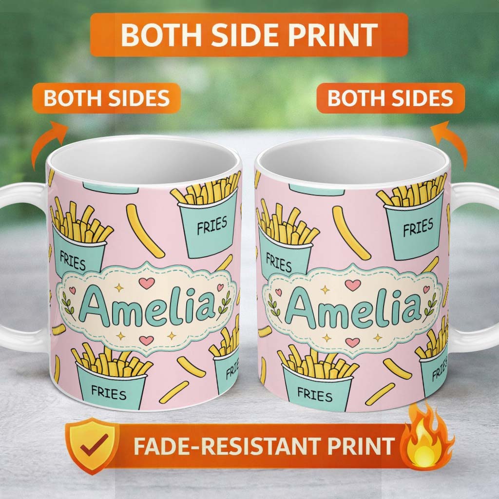 Personalized Custom Name Cute French Fries Cartoon Snack Seamless Pattern Teal Cups Pink 11oz Ceramic Coffee Tea Mug White Large Handle