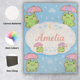 Personalised Name Cute Frog Umbrella Rain Cartoon Animal Pattern Custom  Interior Canvas Wall Art Print Decor Picture Ready to Hang