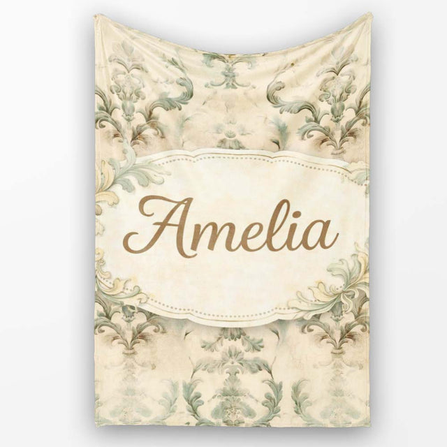 Antique Beige Floral Damask Seamless Pattern Vintage Classic Lovely  Personalised Custom Name Super Soft Fleece Blanket Bed Sofa Throw