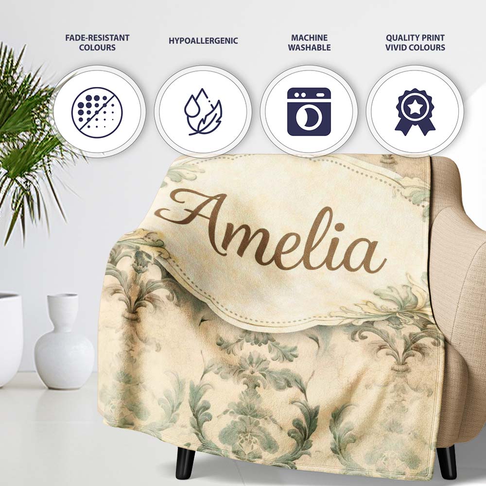 Antique Beige Floral Damask Seamless Pattern Vintage Classic Lovely  Personalised Custom Name Super Soft Fleece Blanket Bed Sofa Throw