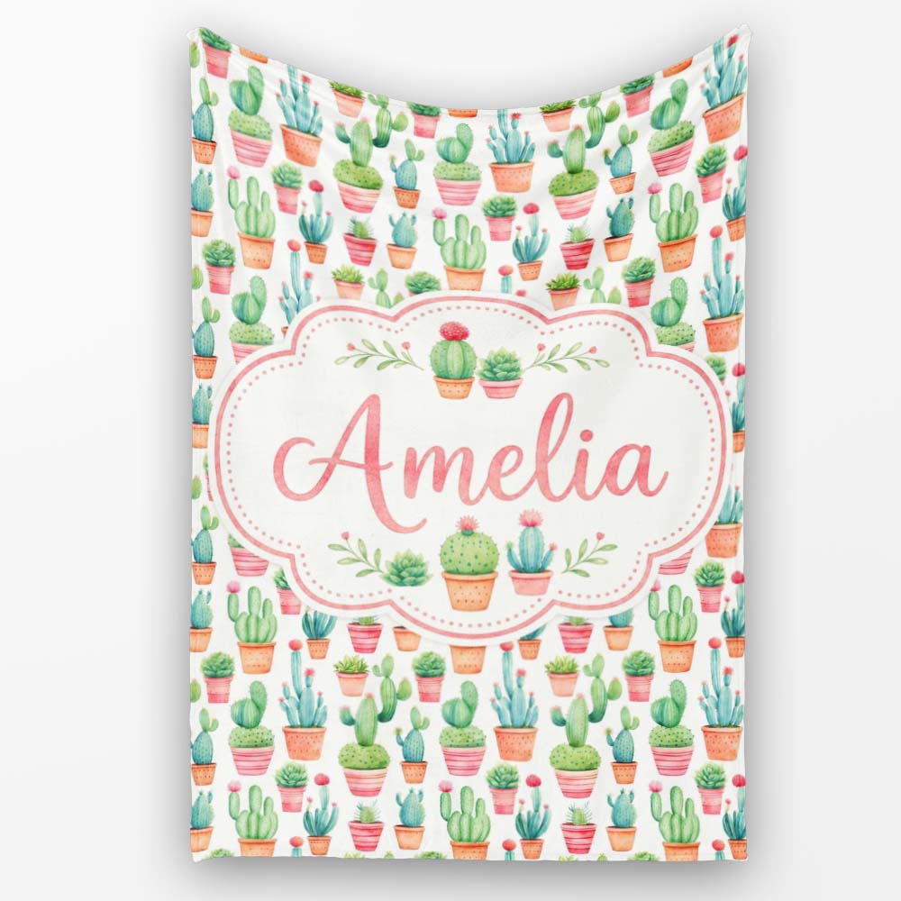 Potted Cactus Succulent Collection Pastel Botanical Seamless Pattern  Personalised Custom Name Super Soft Fleece Blanket Bed Sofa Throw