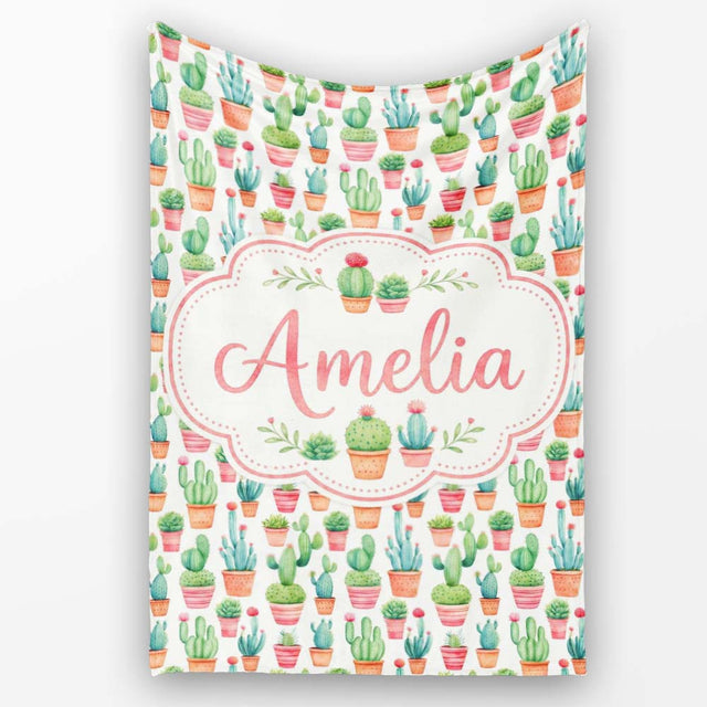 Potted Cactus Succulent Collection Pastel Botanical Seamless Pattern  Personalised Custom Name Super Soft Fleece Blanket Bed Sofa Throw
