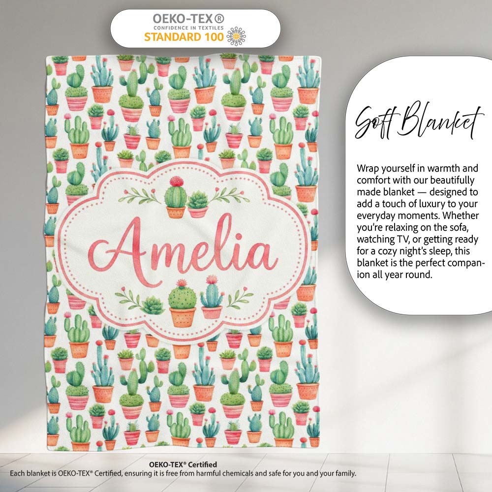 Potted Cactus Succulent Collection Pastel Botanical Seamless Pattern  Personalised Custom Name Super Soft Fleece Blanket Bed Sofa Throw