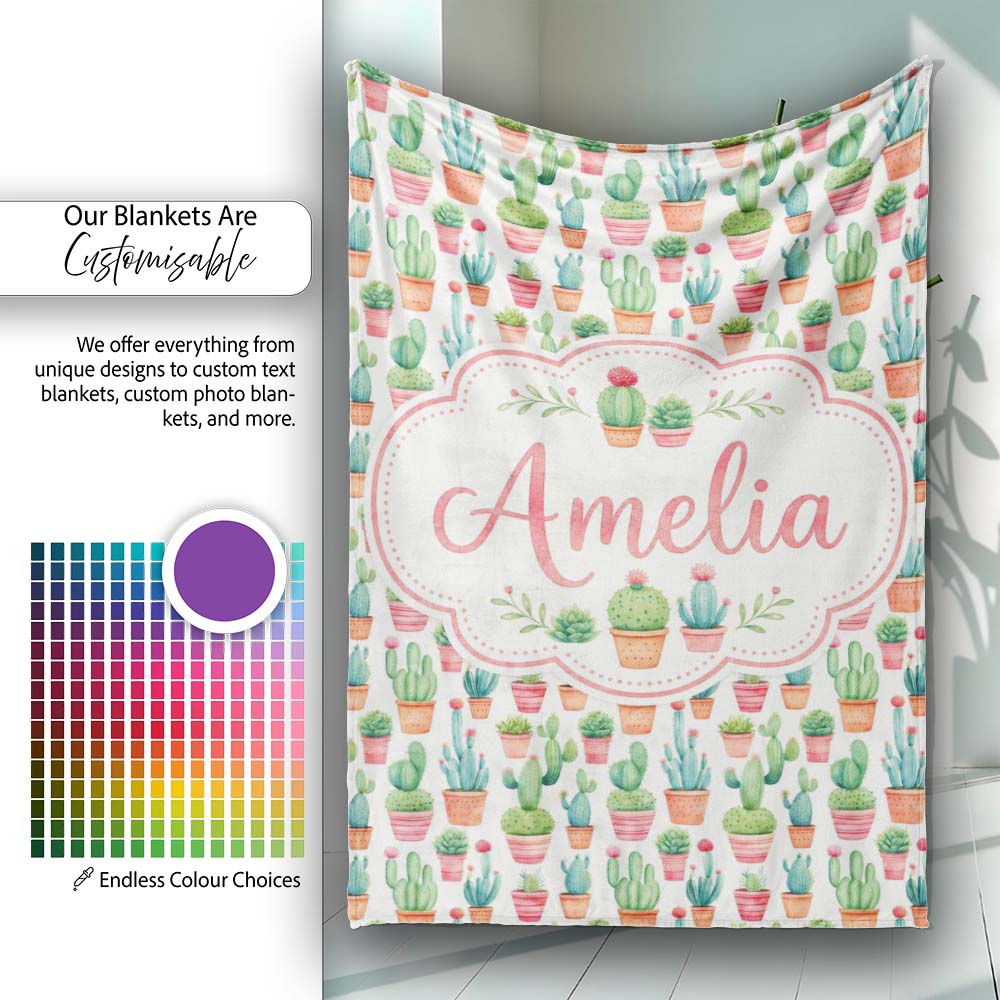 Potted Cactus Succulent Collection Pastel Botanical Seamless Pattern  Personalised Custom Name Super Soft Fleece Blanket Bed Sofa Throw