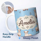 Personalized Custom Name Cute Alpaca Llama Farm Animals Floral Seamless Pattern Sky Blue 11oz Ceramic Coffee Tea Mug White Large Handle
